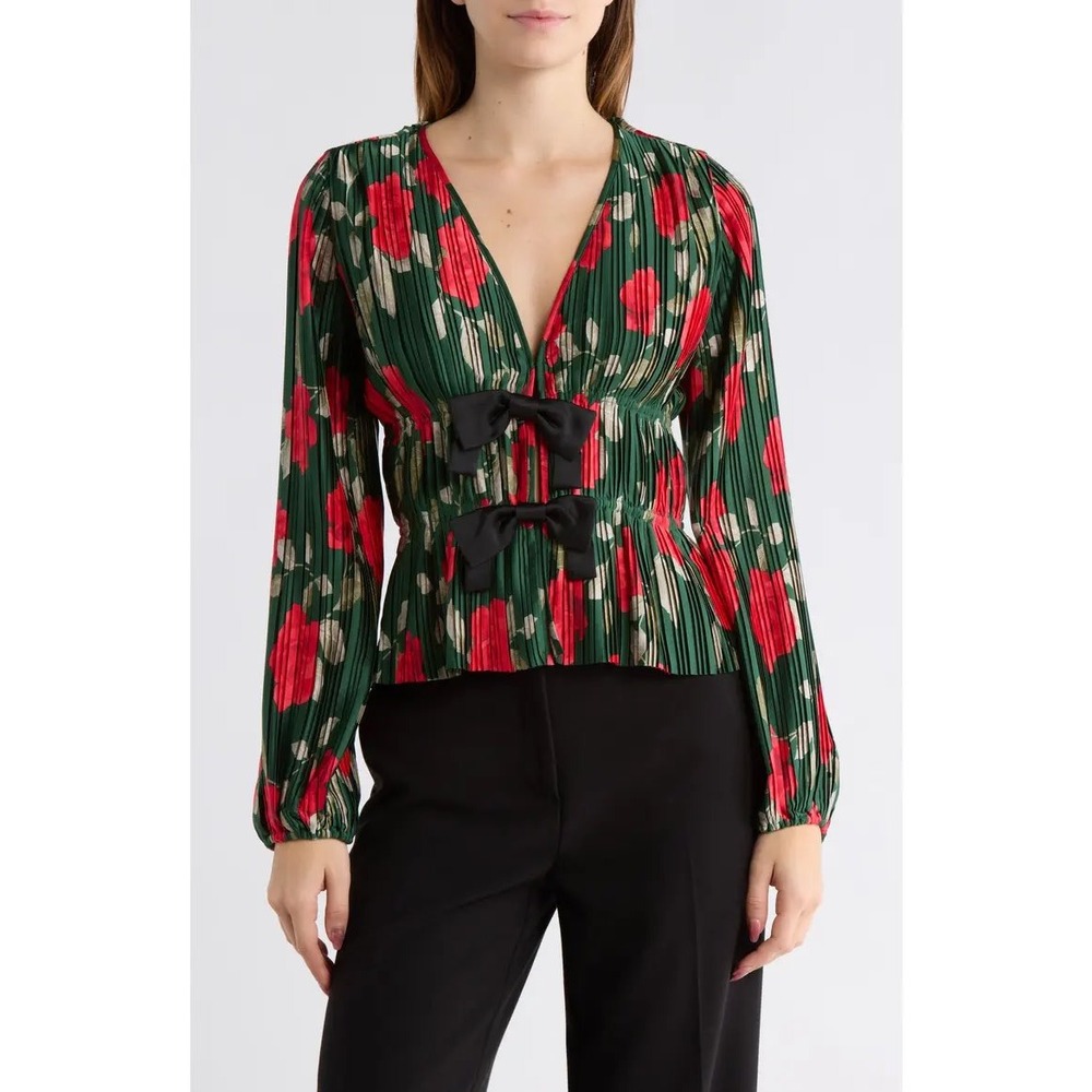 WAYF Green Red Floral Pleated V-Neck Bow Front Long Sleeve Top Blouse Medium